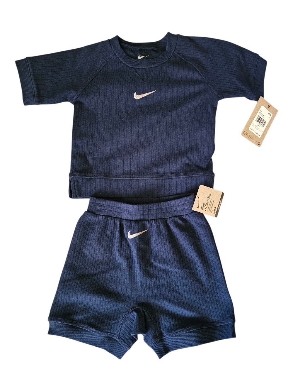 Nike Navy Ribbed Short Sleeve Top and Shorts Set with White Swoosh